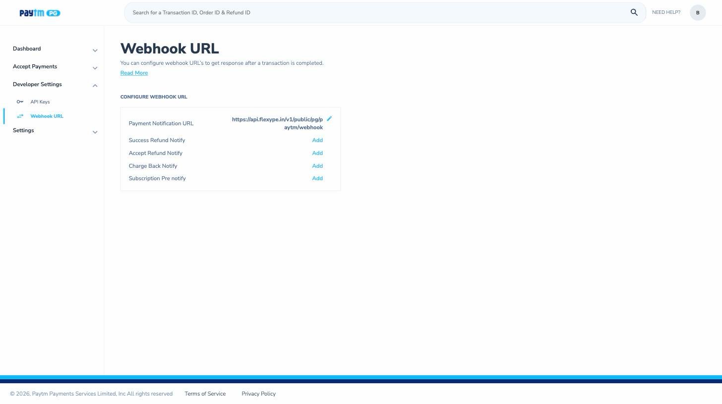 Paytm dashboard Webhook URL page showing the Payment Notification URL configured to the FlexyPe endpoint