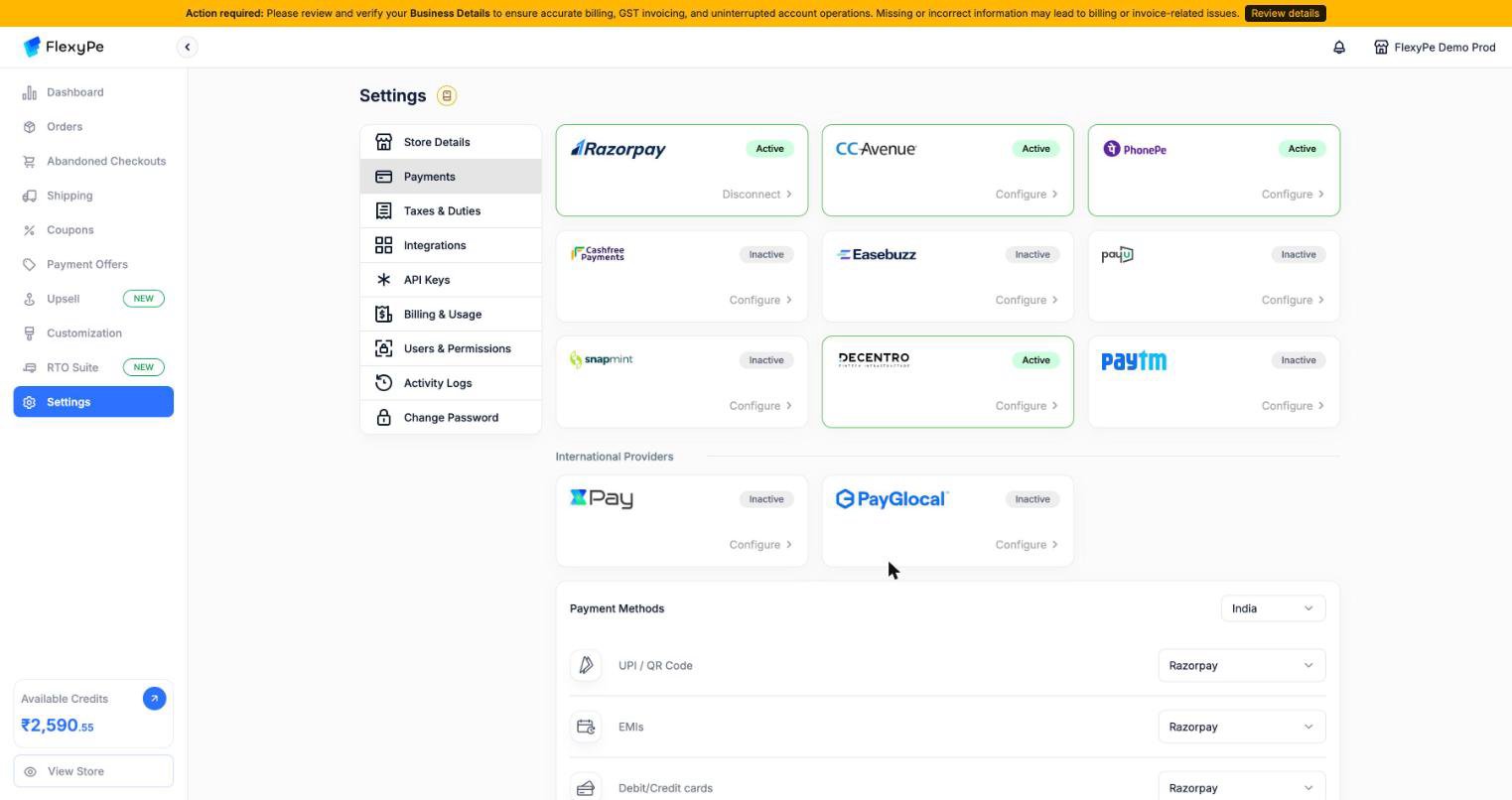 FlexyPe payment provider grid with the Paytm card showing an Inactive status and a Configure link