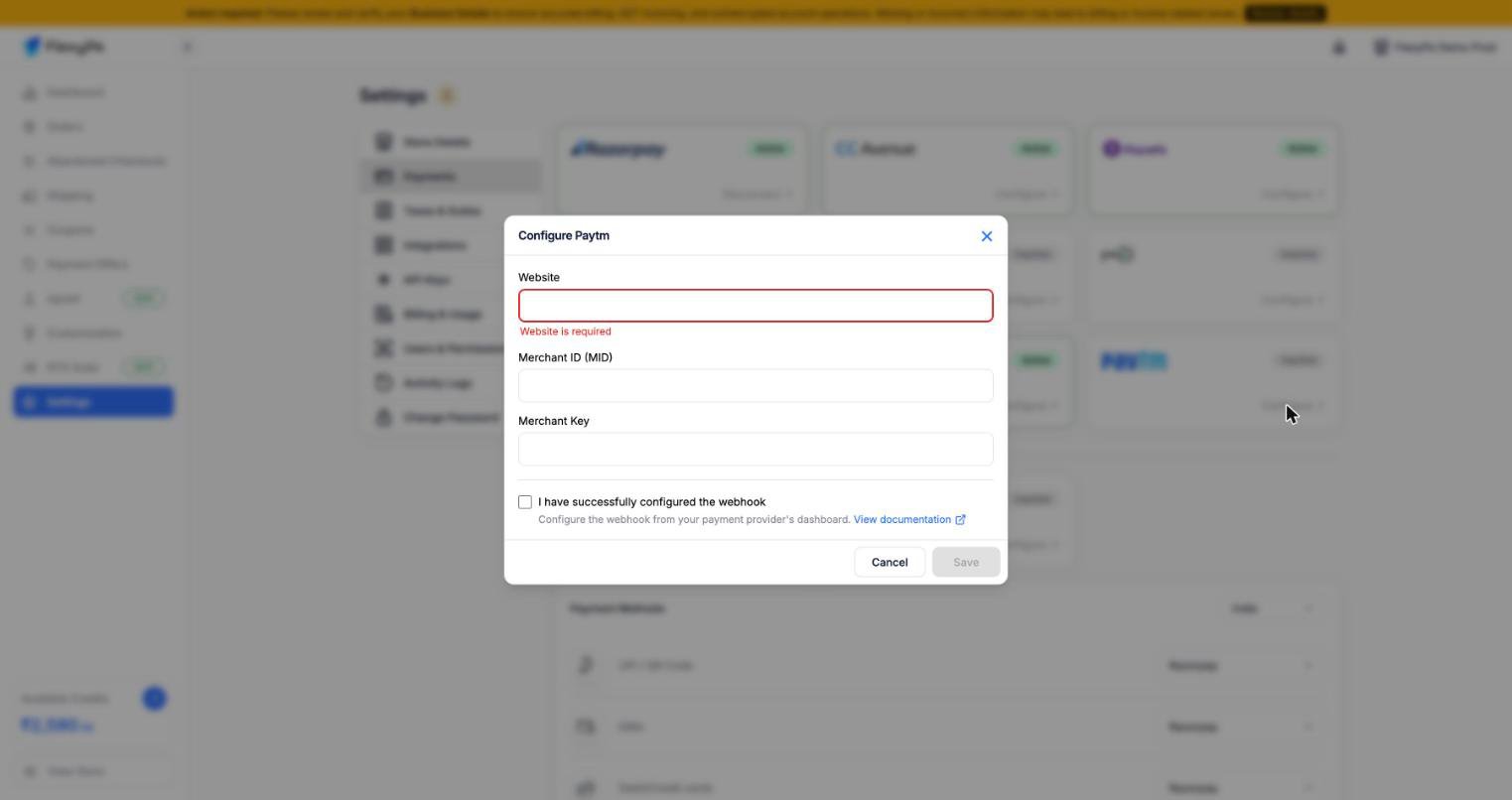 Configure Paytm dialog in FlexyPe with fields for Website, Merchant ID, and Merchant Key and a webhook confirmation checkbox