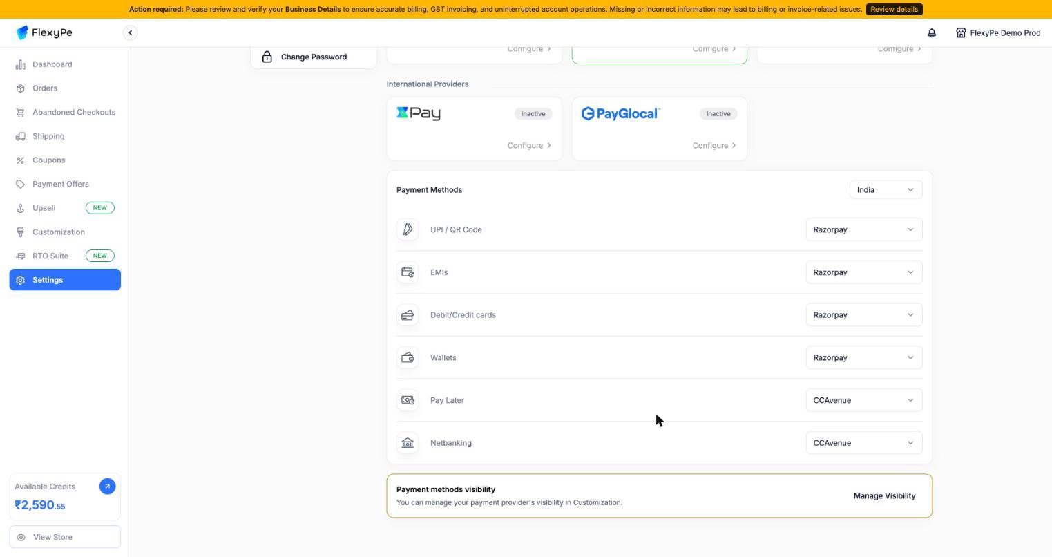 FlexyPe Payment Methods list with a provider dropdown next to UPI, EMIs, cards, wallets, Pay Later, and Netbanking