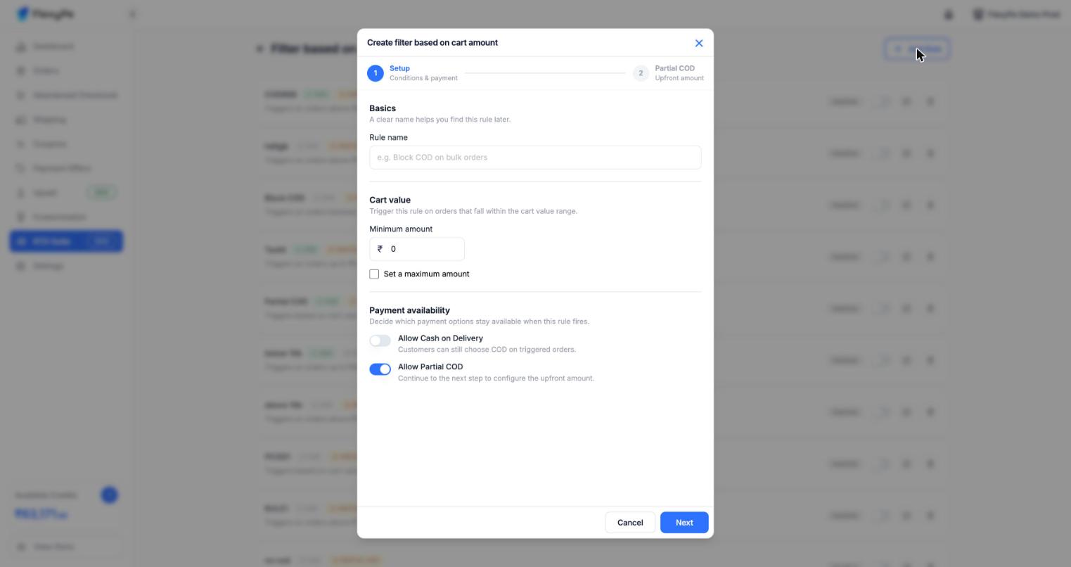 Create filter based on cart amount dialog on step one of two, with rule name, minimum cart amount, and Payment availability toggles for Allow Cash on Delivery turned off and Allow Partial COD turned on
