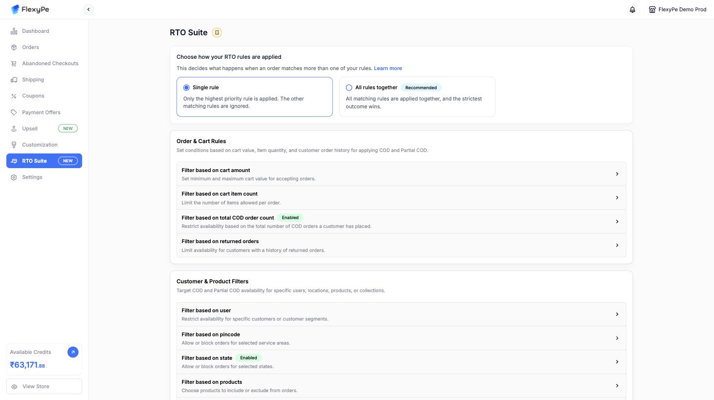 RTO Suite page with the rule application switch set to Single rule, above Order and Cart Rules and Customer and Product Filters sections listing each rule type with Enabled chips on active ones