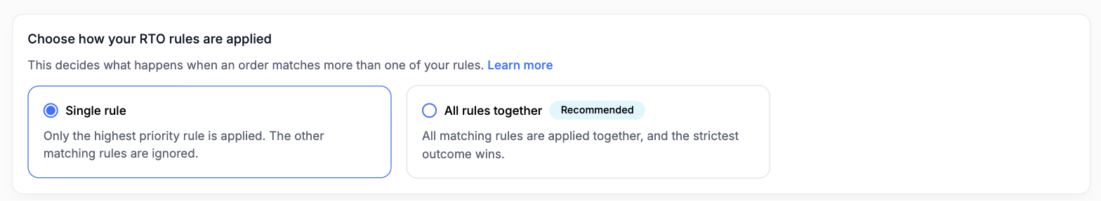 Choose how your RTO rules are applied card with two options: Single rule, currently selected, and All rules together marked Recommended