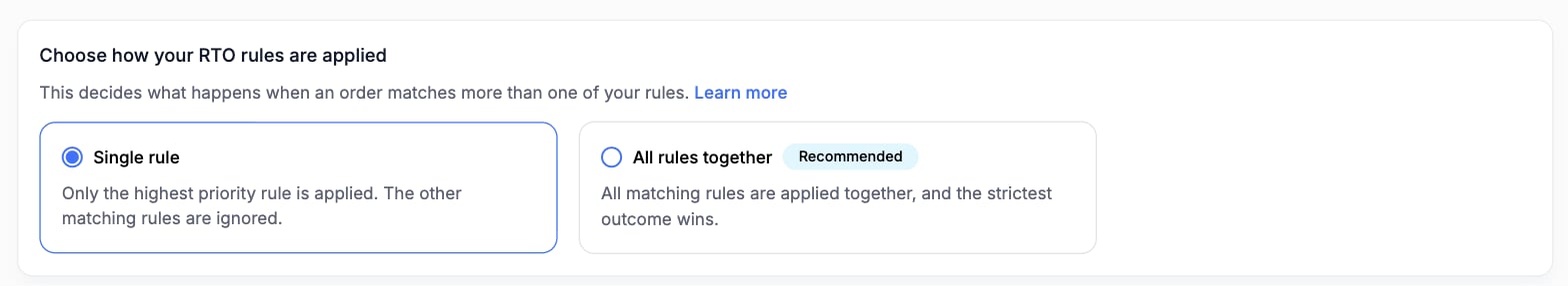 Choose how your RTO rules are applied card with two options: Single rule, currently selected, and All rules together marked Recommended