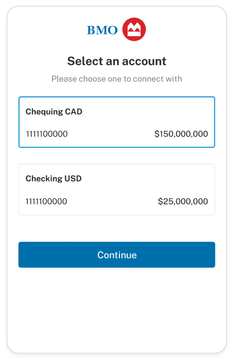 Screenshot of the Flinks Connect UI. The user is asked to select between two of their BMO accounts