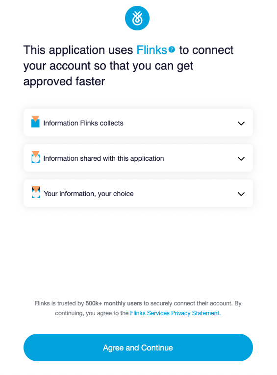 Screenshot of the collapsed view of the user consent screen in Flinks Connect