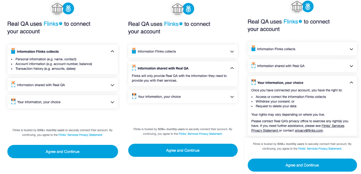 Screenshots of the expanded view(s) of the user consent screen in Flinks Connect