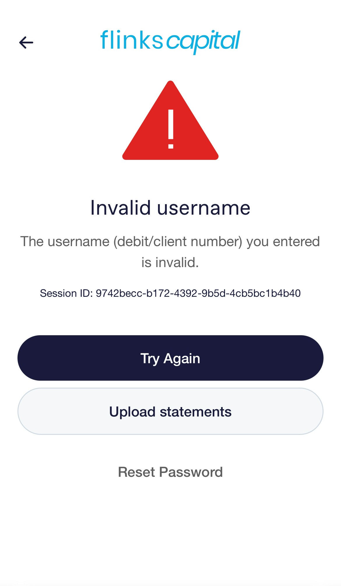 Image depicting the fallback option. The user types an invalid username, and the option to upload bank statements appears on the error screen.