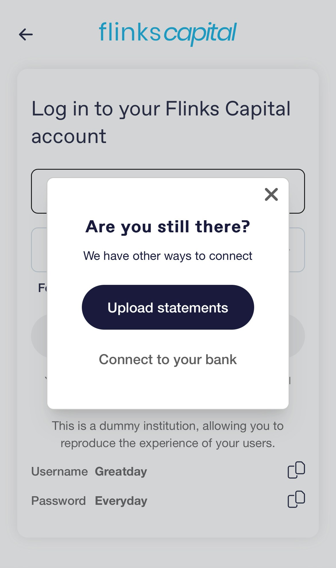 Image showing the fallback option. The user times out on the Flinks Connect login screen, and a pop-up appears asking whether the user would like to upload bank statements or connect to their bank.