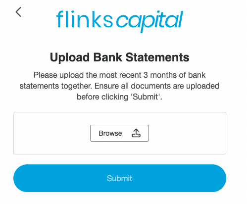 Screenshot of the Flinks Connect UI. The user is asked to upload bank statements for the dummy institution, Flinks Capital.