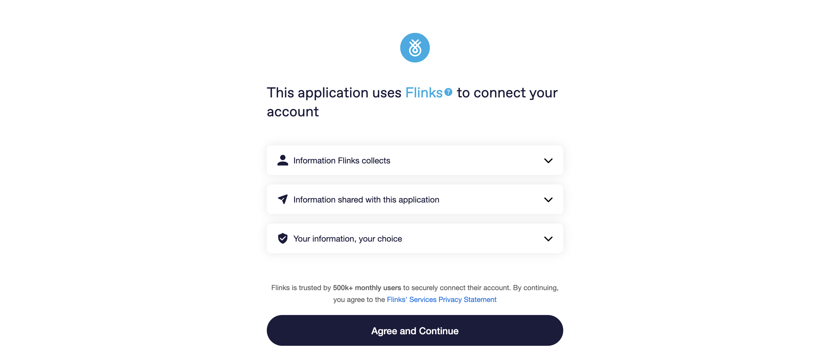 Screenshot of the Flinks Connect UI on desktop. The screen shows the data-sharing consent page where the user reviews what information will be shared with Flinks and can agree to continue.