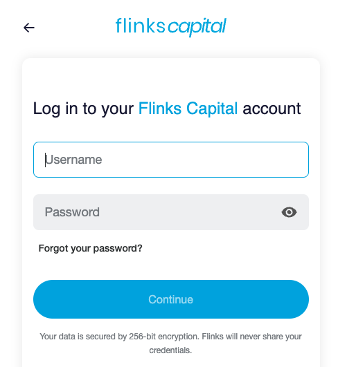 Screenshot of the login page on Flinks Connect. The user is logging in to an account with the default institution, Flinks Capital