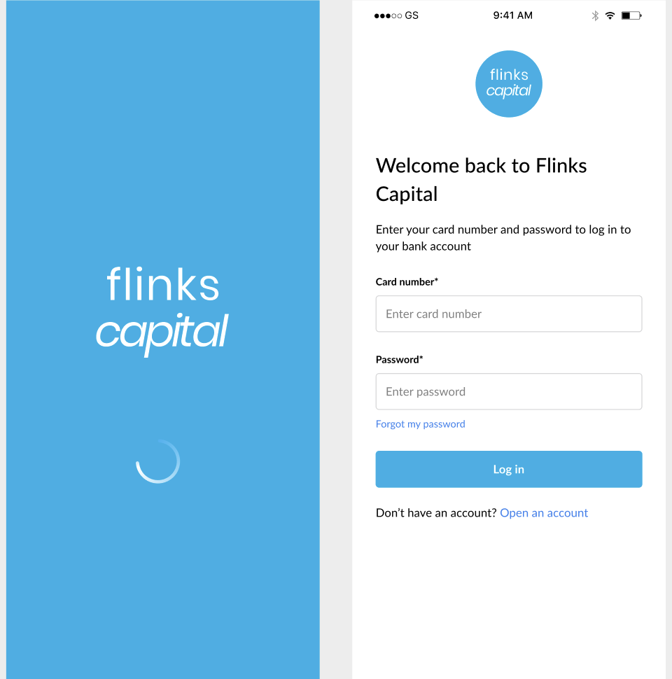 Screenshot of the Flinks Connect UI. The user is asked to authenticate using their login credentials for the dummy institution, Flinks Capital.