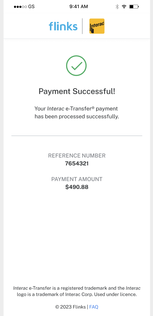 Screenshot of the Flinks Pay UI. A user makes a successful payment using Interac e-Transfer.