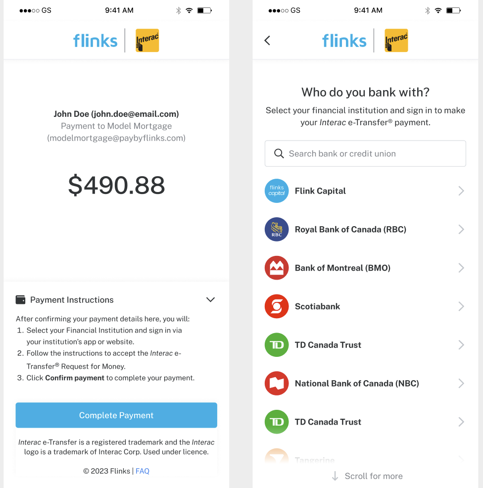 Screenshot of the Flinks Connect UI. The user is asked to select their bank to complete a payment.
