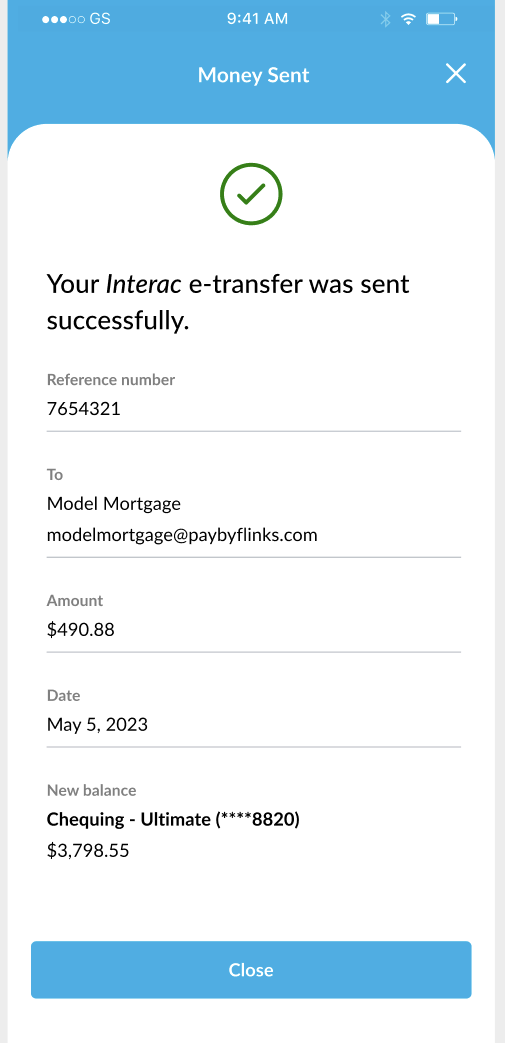 Screenshot of the completion screen for an e-transfer using Flinks Pay.