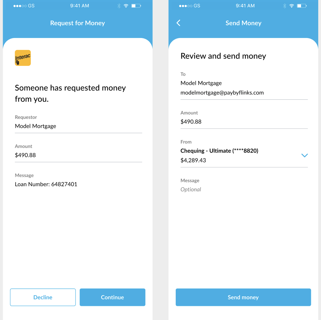 Screenshot of a money transfer request in FlinksPay.