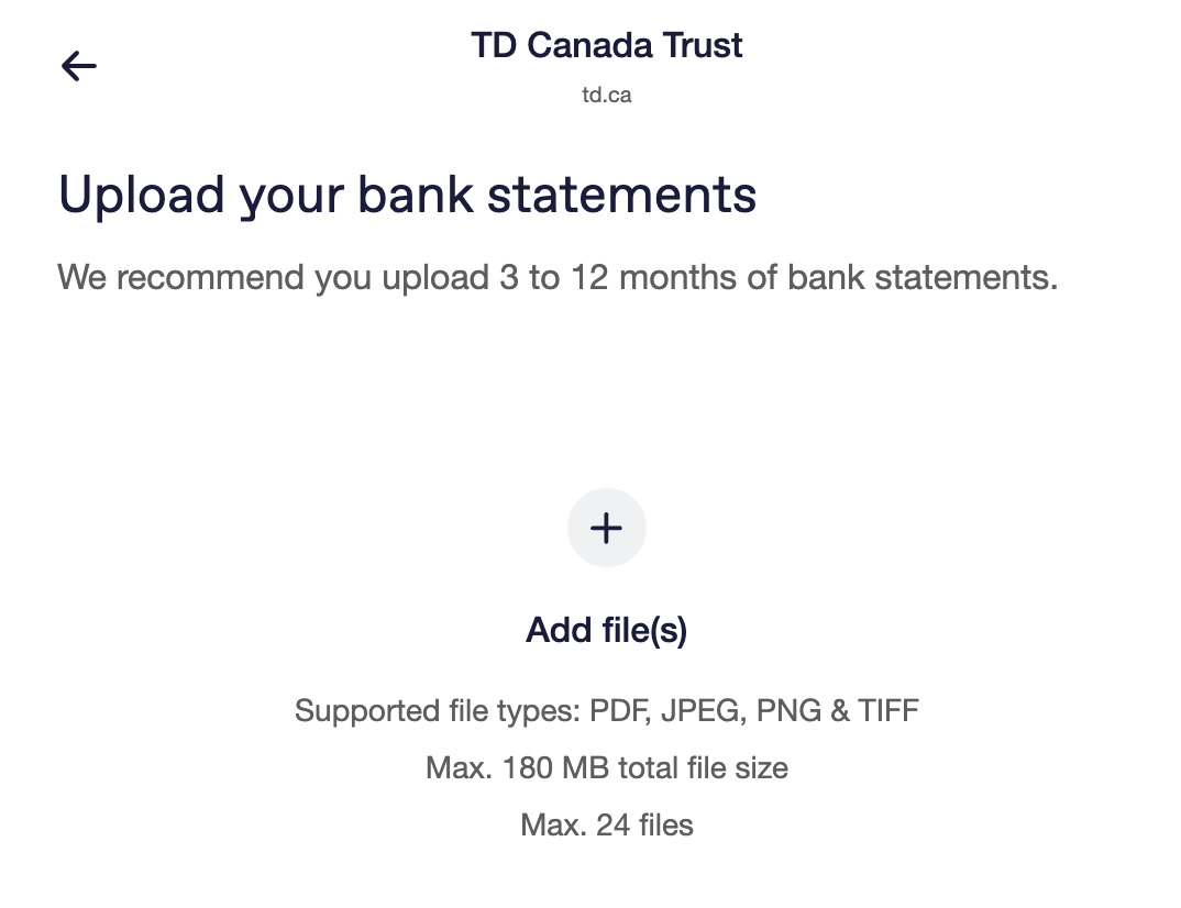 Image showing the upload-only option screen. The page shows the option to upload bank statements along with a back button, and no other options are available.