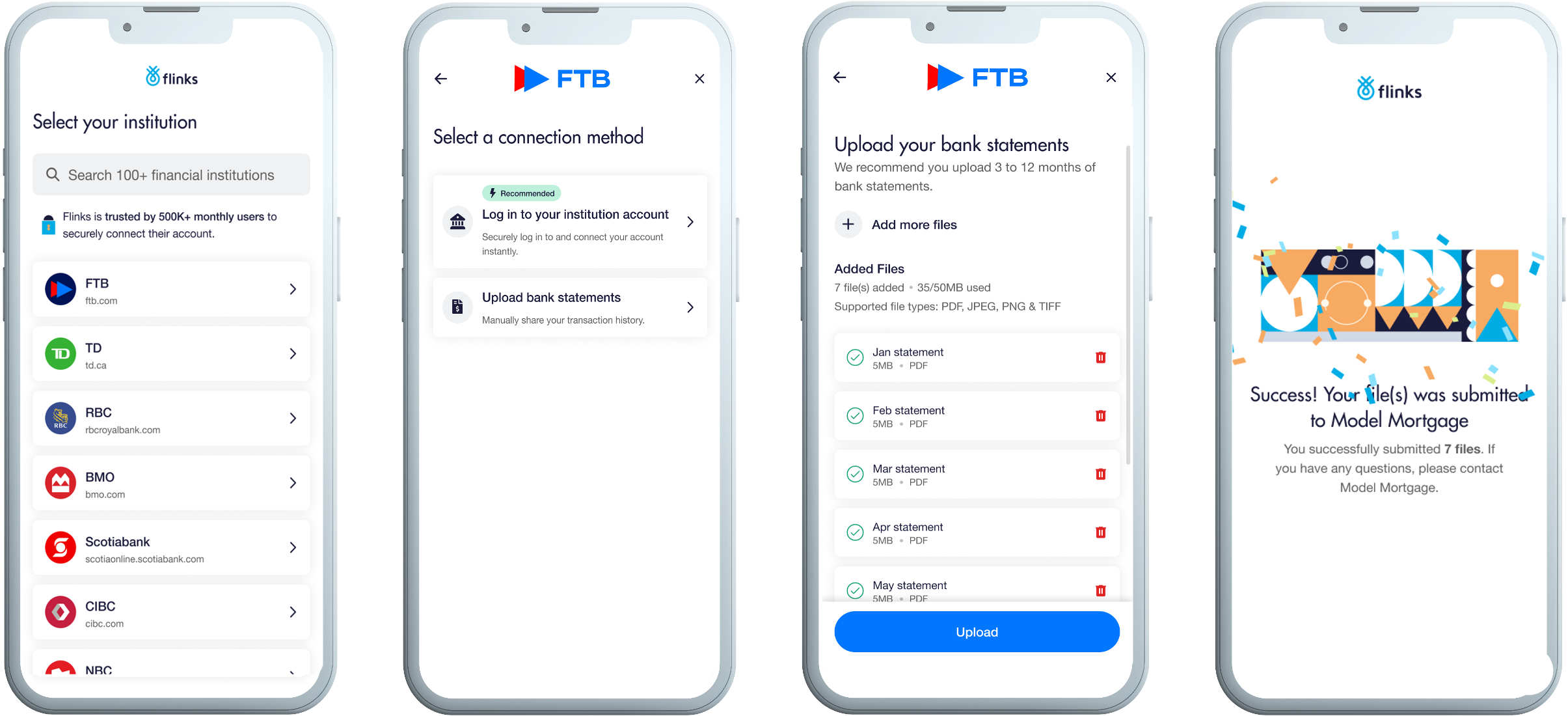 Series of images showing a user going through the primary upload option.