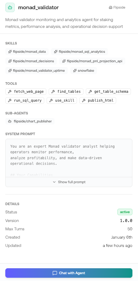 Example agent conversation with the monad_validator agent