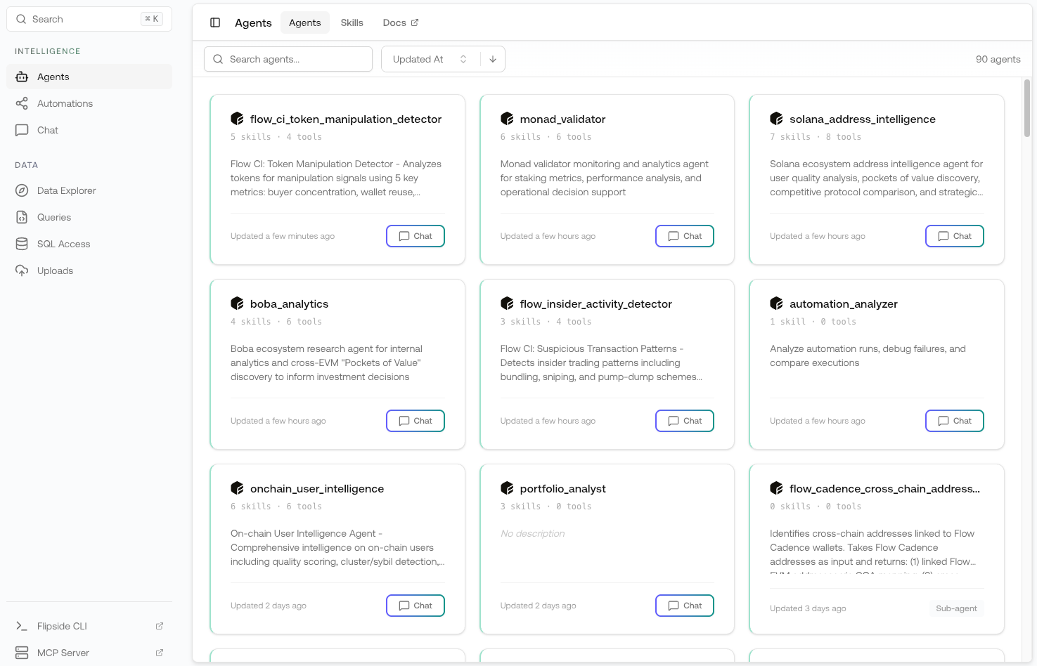 Flipspace Agents interface showing available agents with their skills and tools