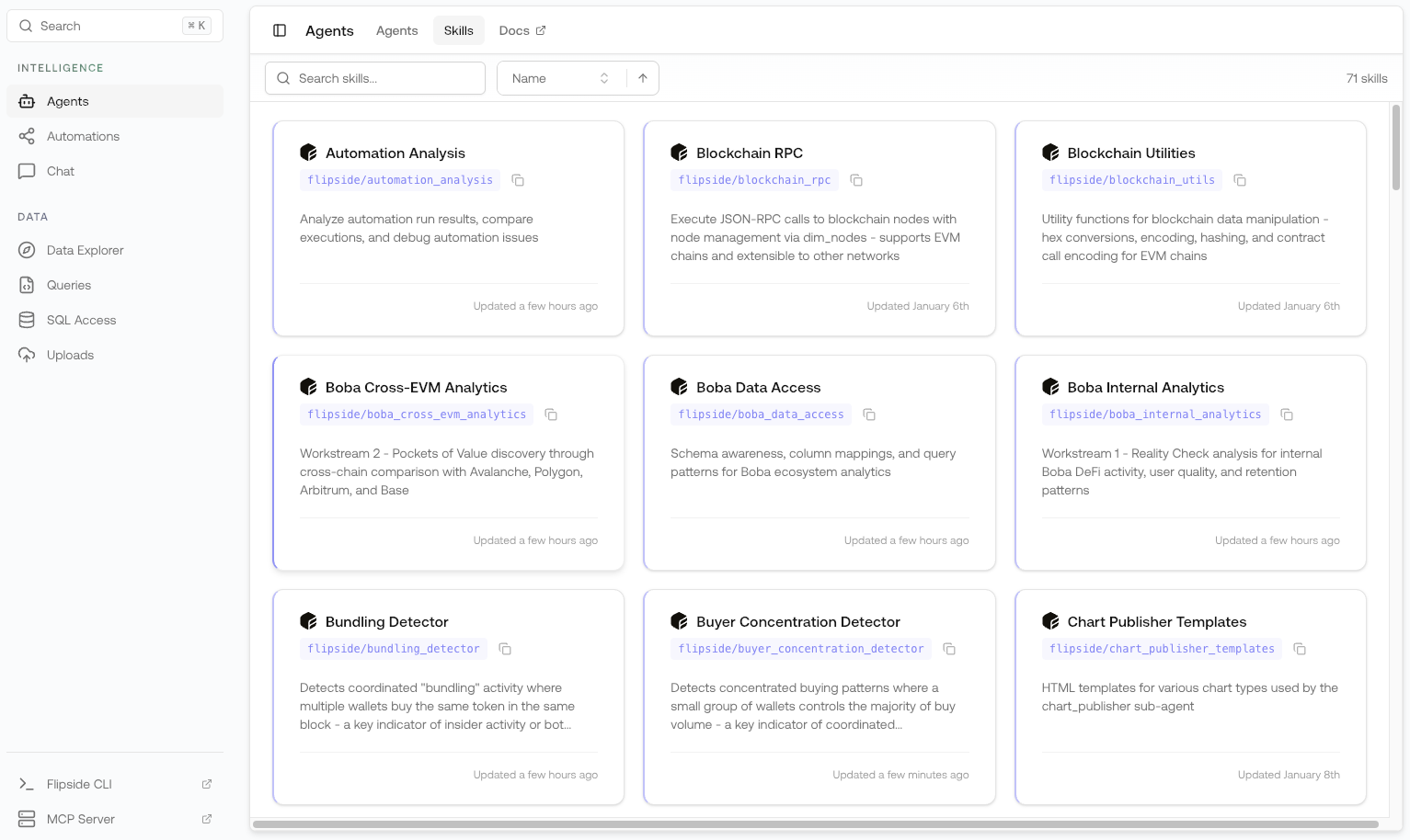 Flipspace Skills interface showing available skills