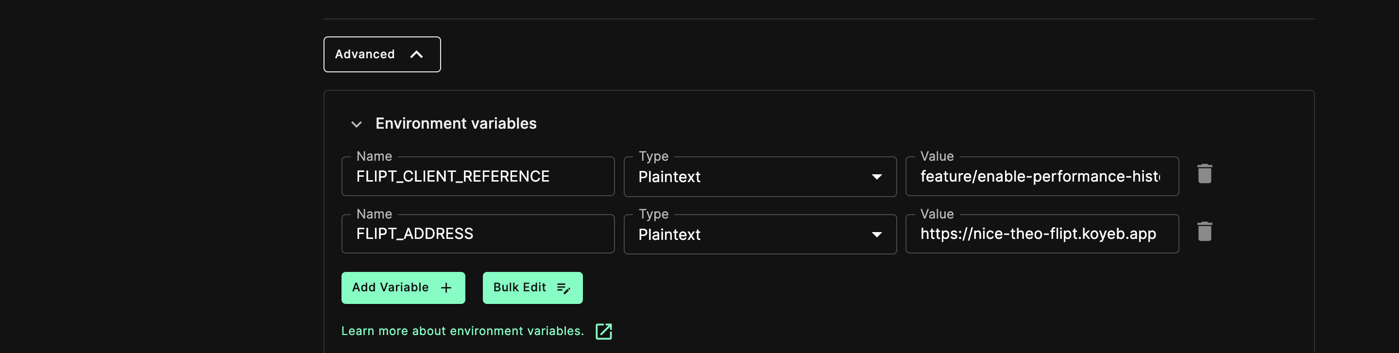 Our application settings in Koyeb