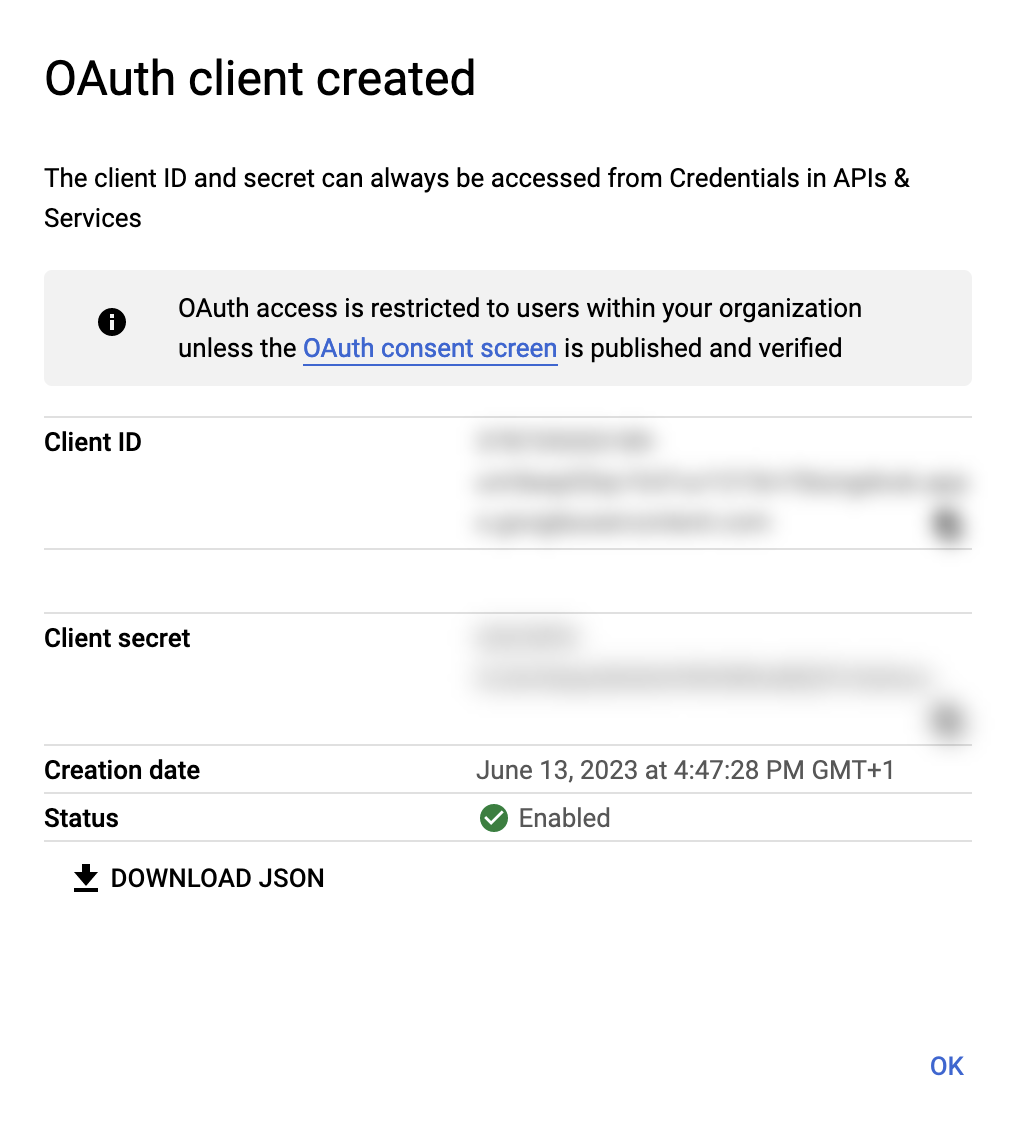 Example modal containing Google OAuth client credentials