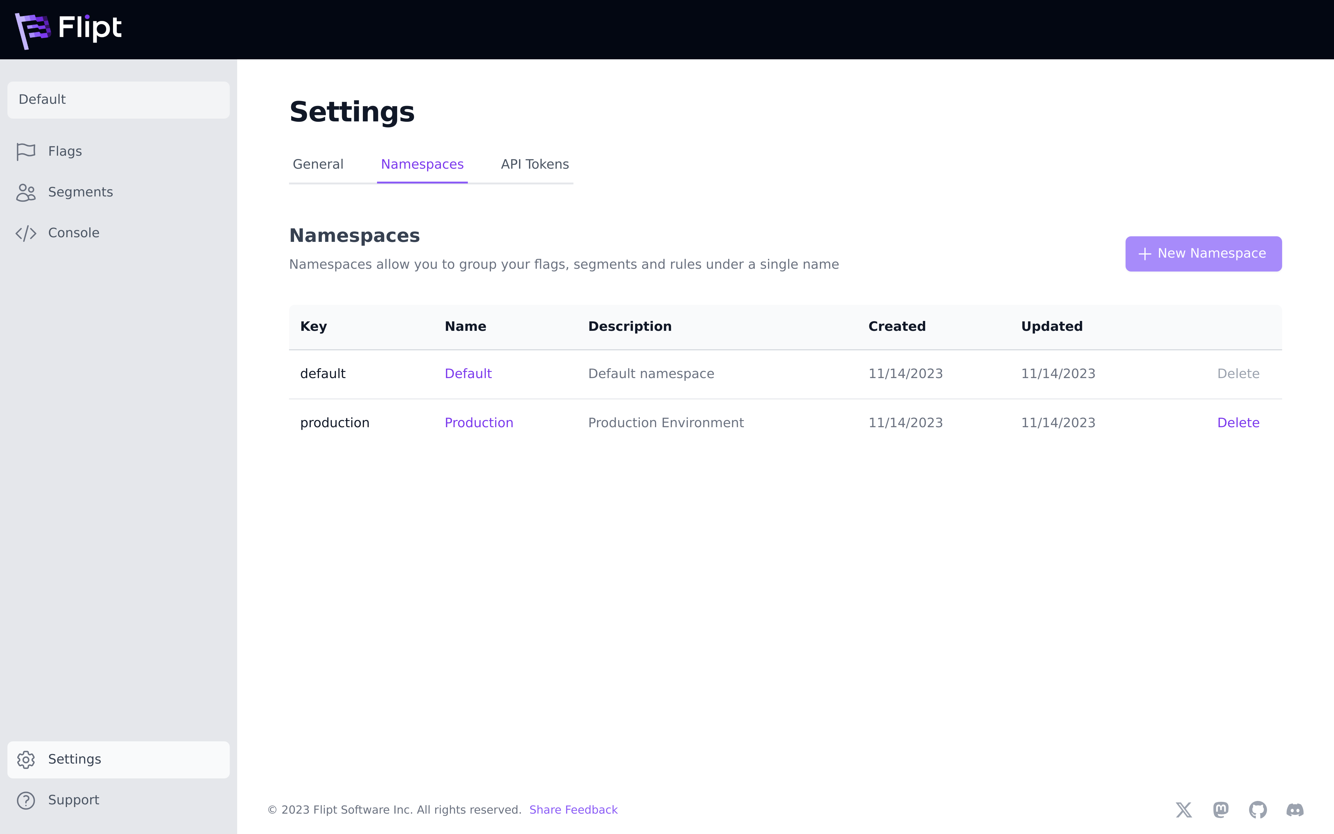 Namespaces Settings