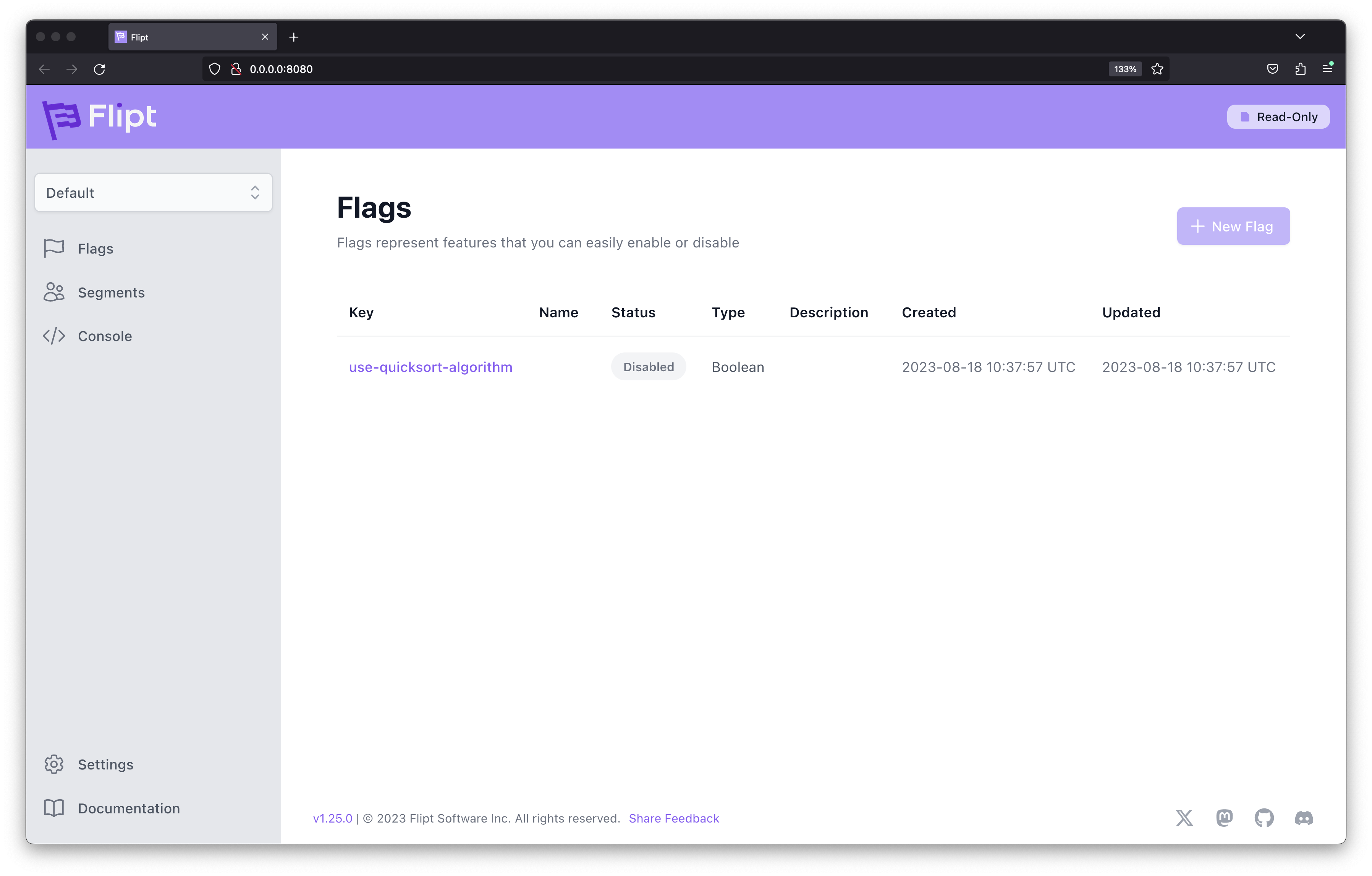 Flipt instance showing flag in disabled state