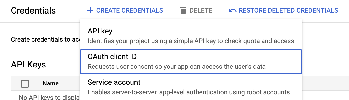 Google cloud create credentials popover