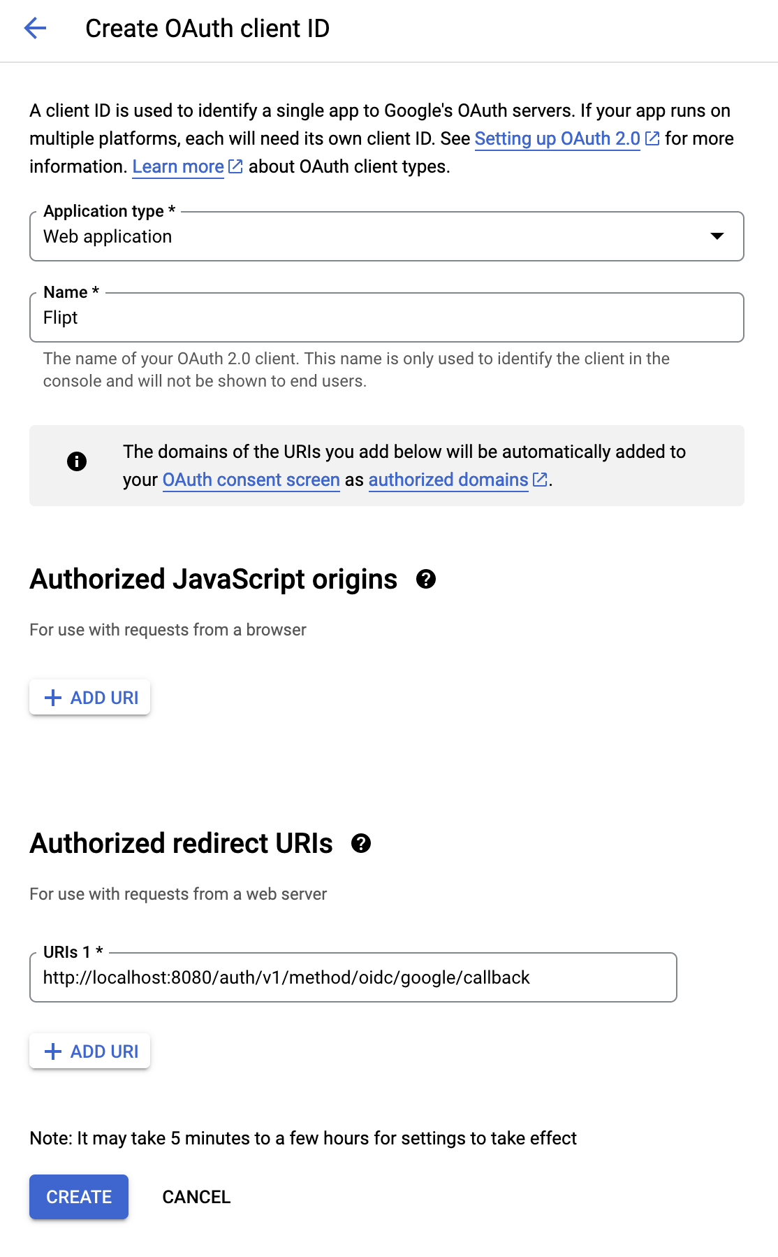 Google cloud create oauth client ID form