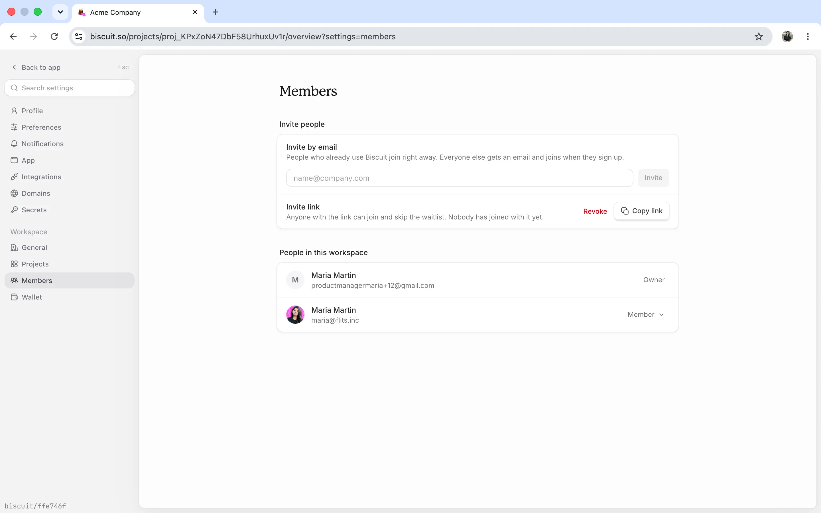 Settings, Members page with Invite by email, Invite link, and People in this workspace