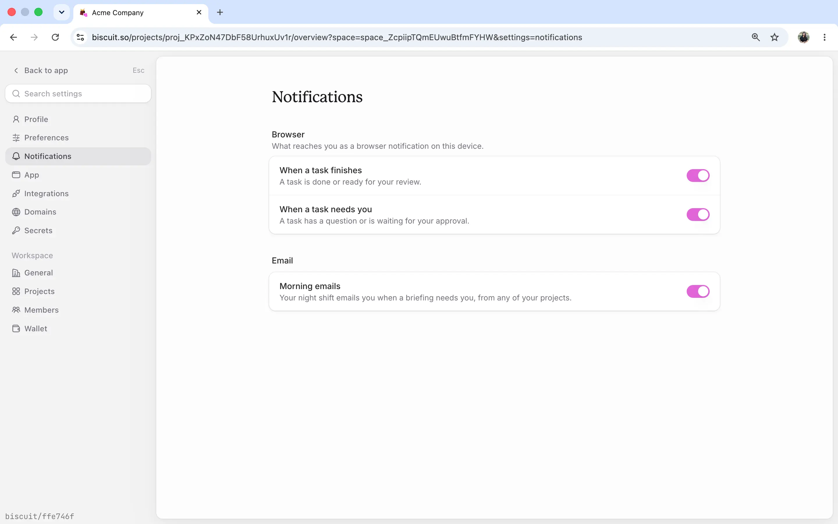 setting to turn off the email notifications