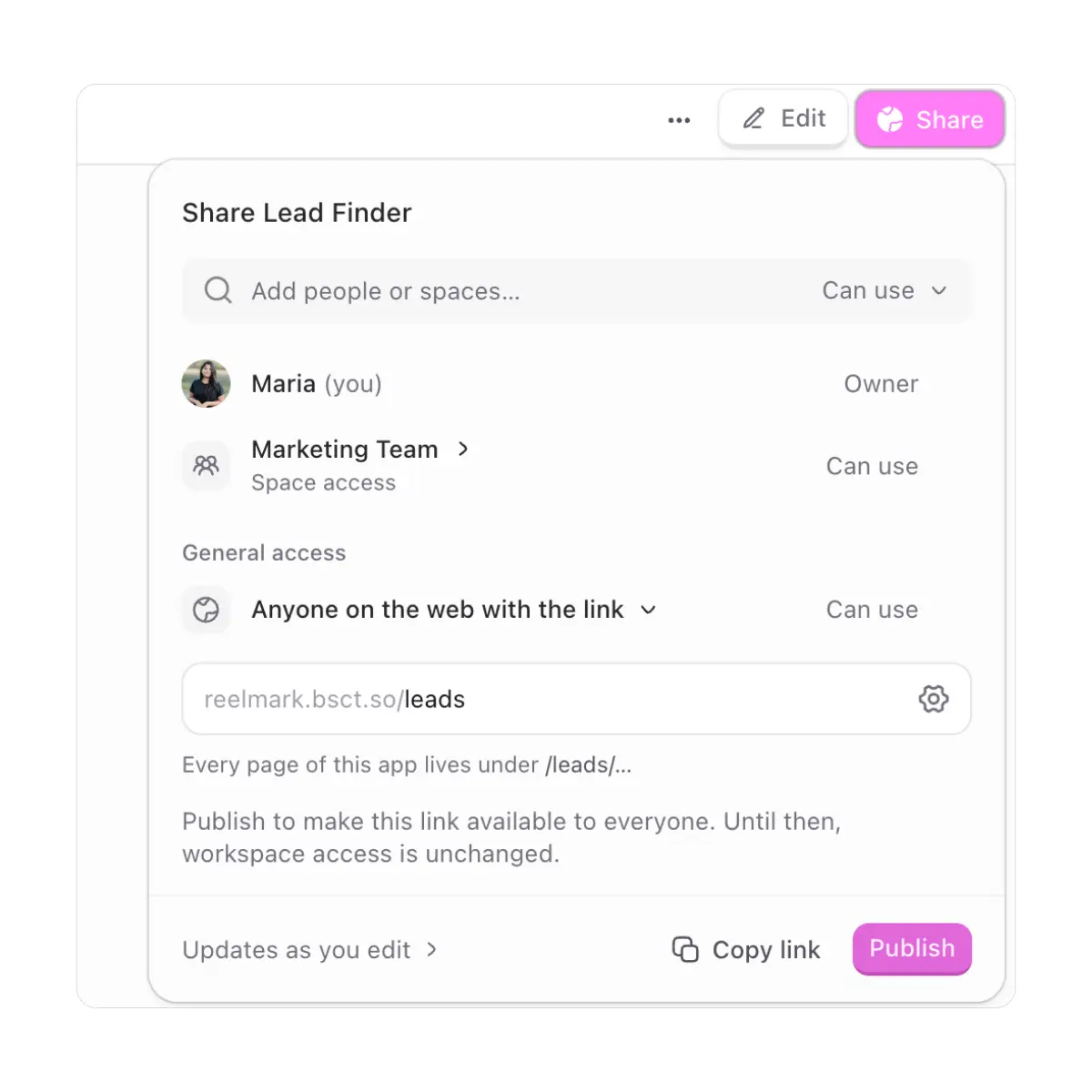 The Share dialog with people and spaces, their access, and General access set to Anyone on the web with the link