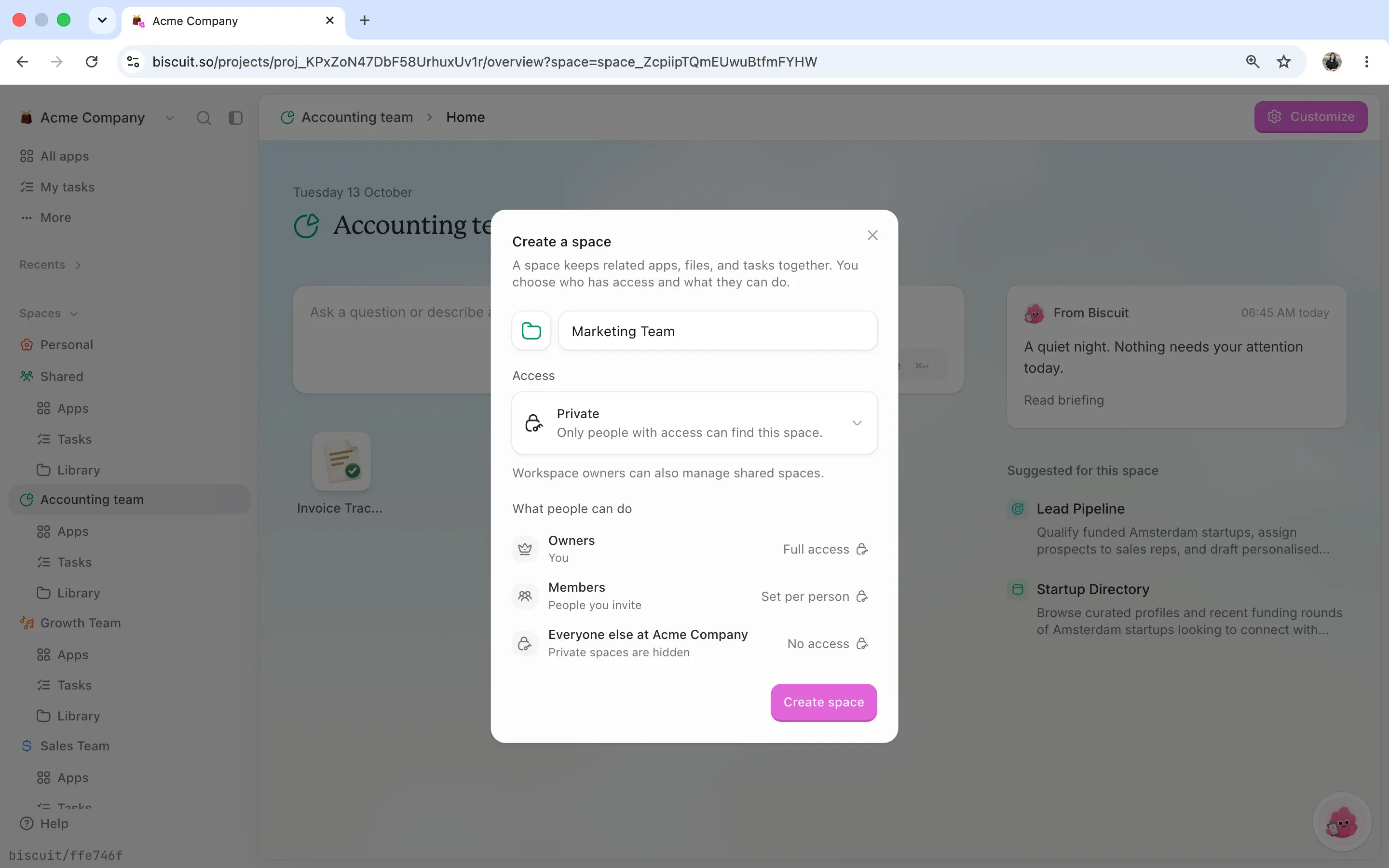 The Spaces section of the sidebar listing Personal, team spaces, and Shared