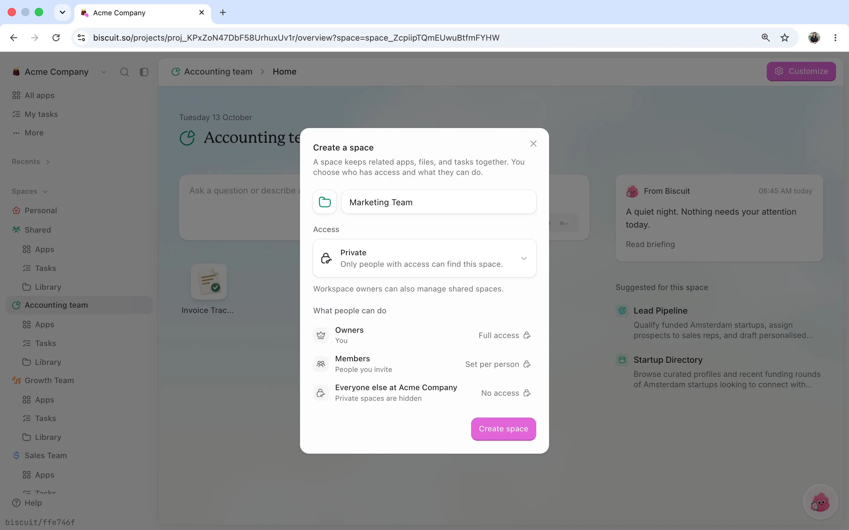 The Spaces section of the sidebar listing Personal, team spaces, and Shared