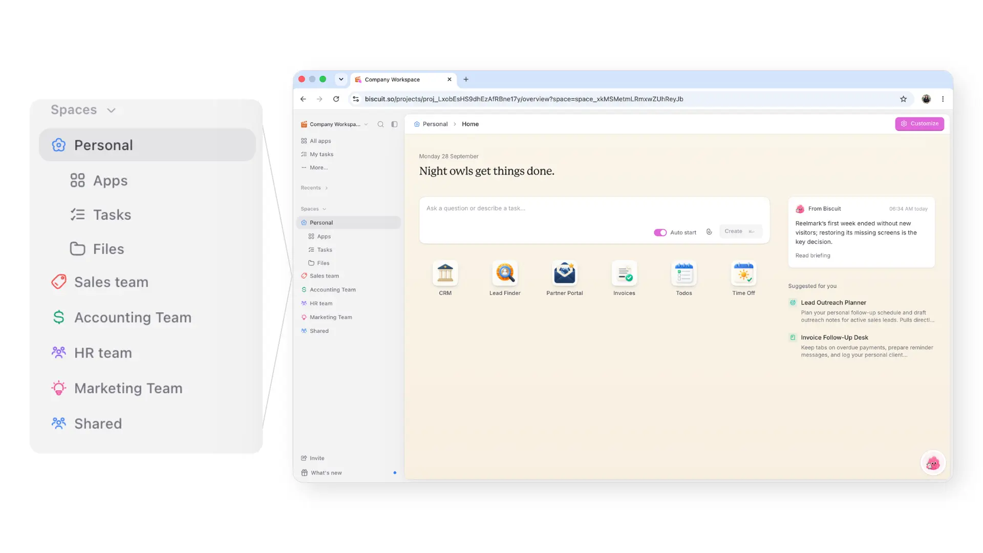 The Spaces section of the sidebar listing Personal, team spaces, and Shared