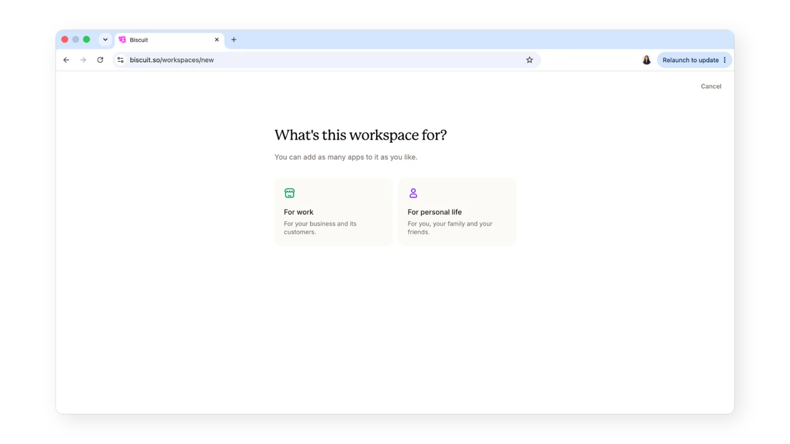 a preference screen to choose between Work and personal workspace