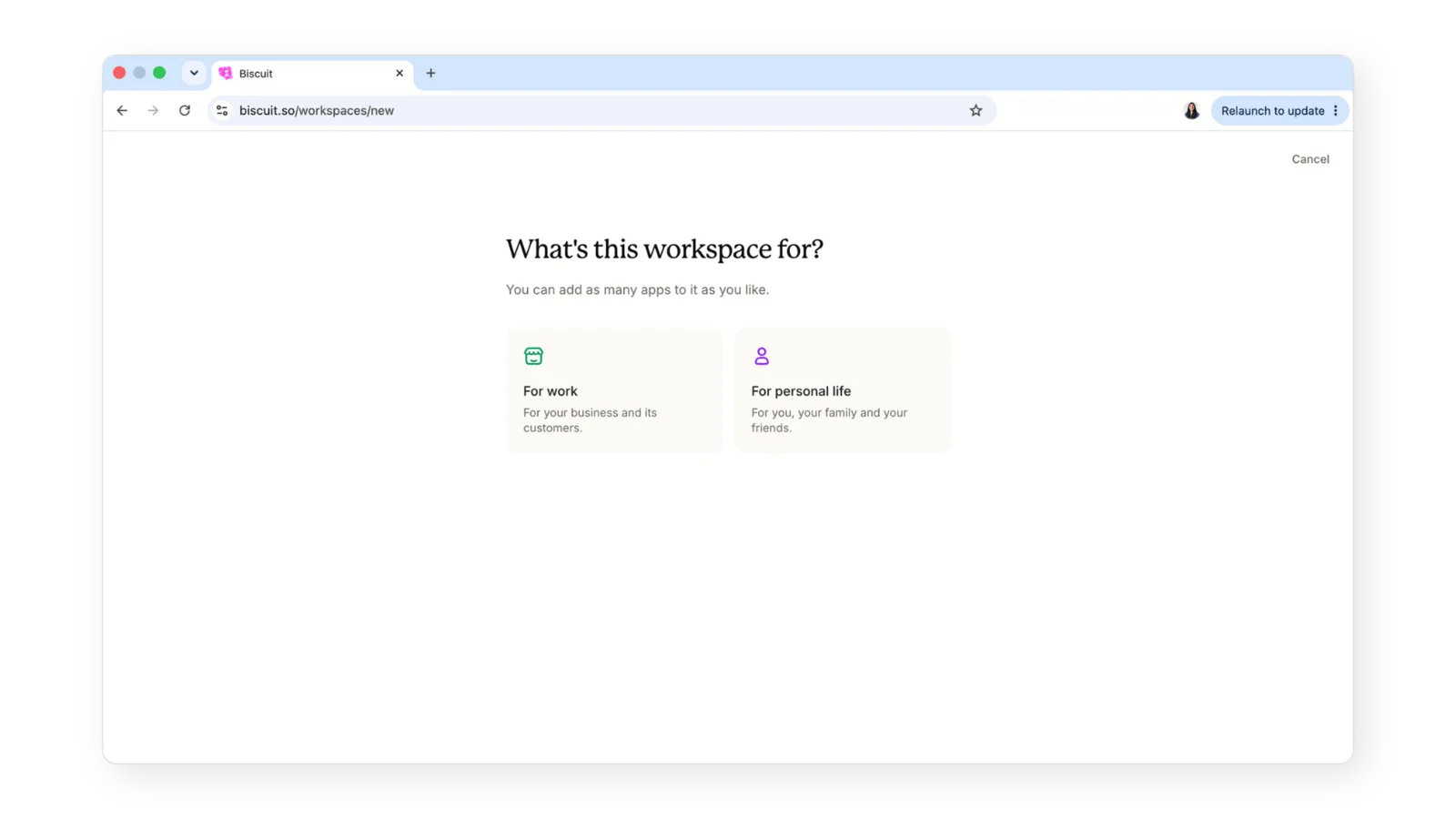 a preference screen to choose between Work and personal workspace