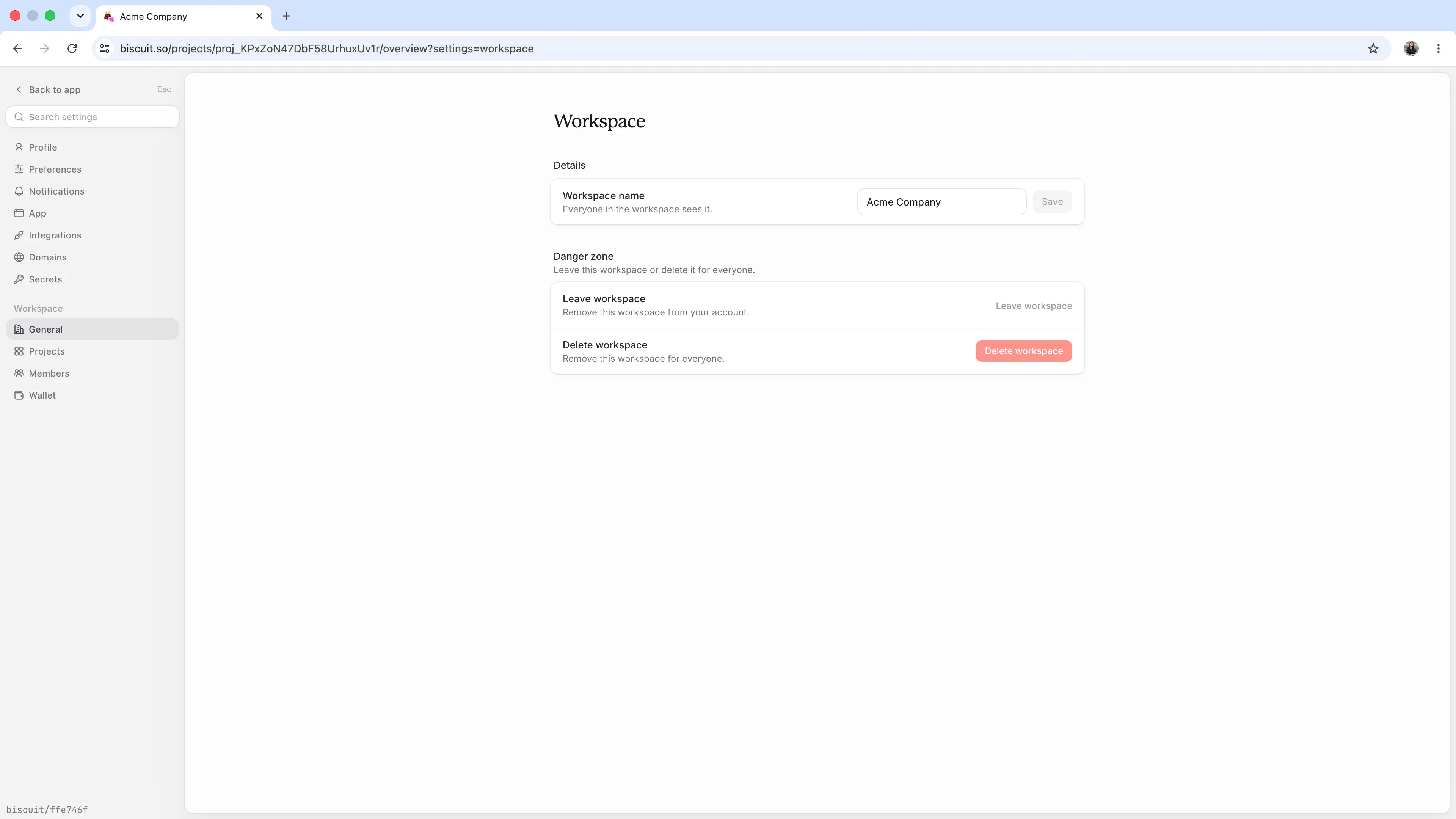 Workspace settings like General, Members and Wallet