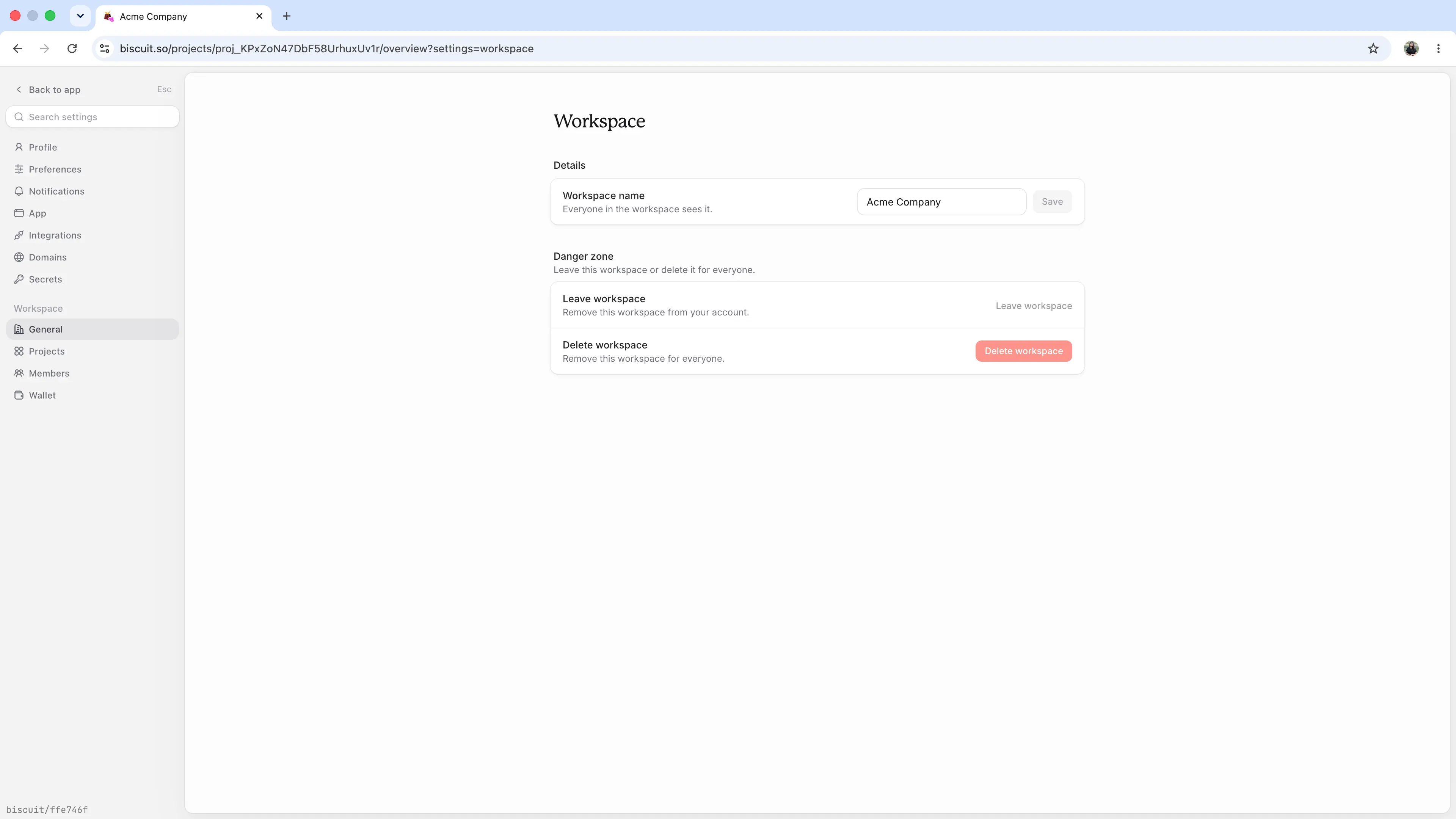 Workspace settings like General, Members and Wallet