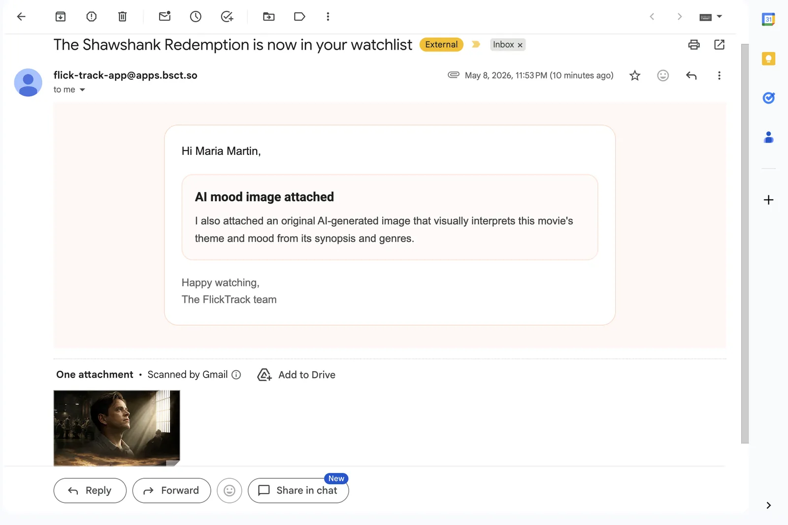An email sent by the app, received in the user's Gmail inbox, with body text and an attachment