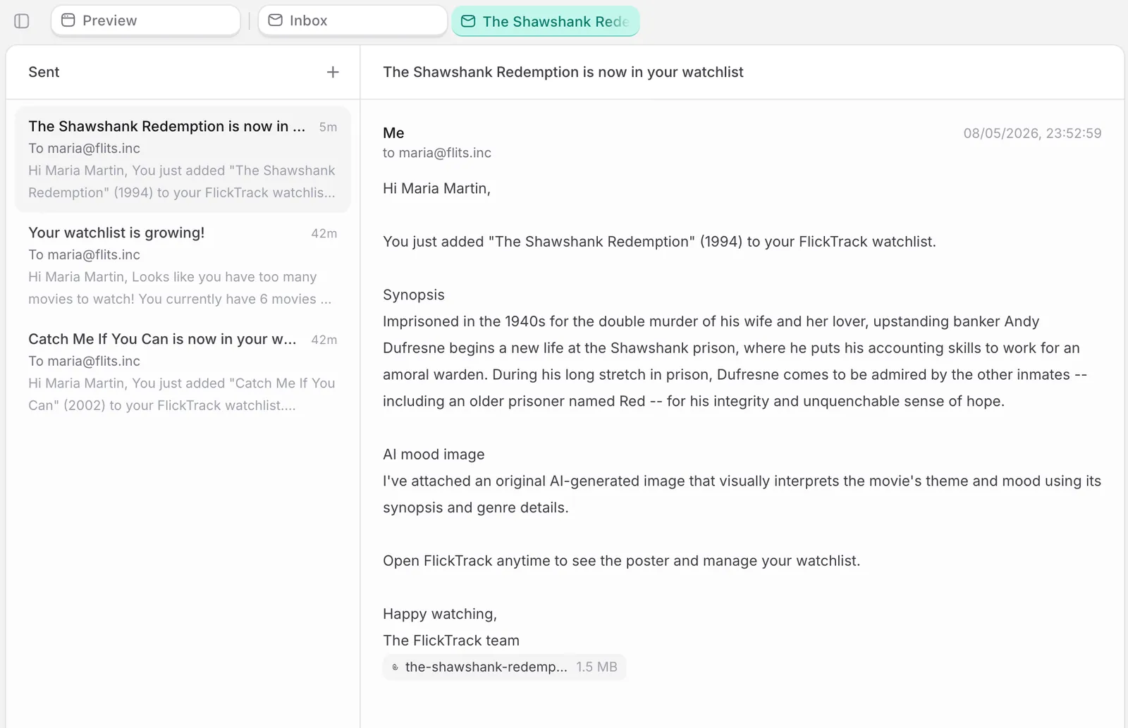 Sent view in the app, showing a list of outgoing emails to a user along with the body of one selected message