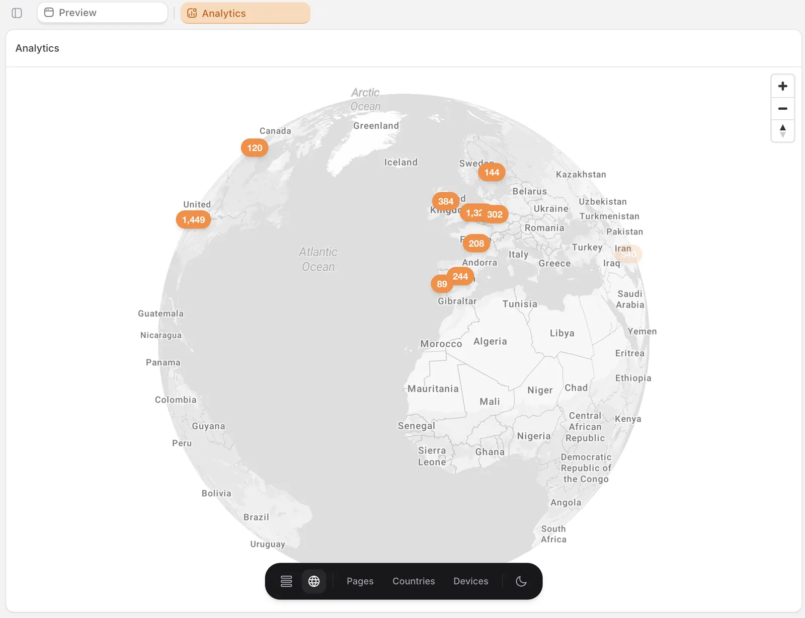 Globe view with filter pills for pages, countries, and devices