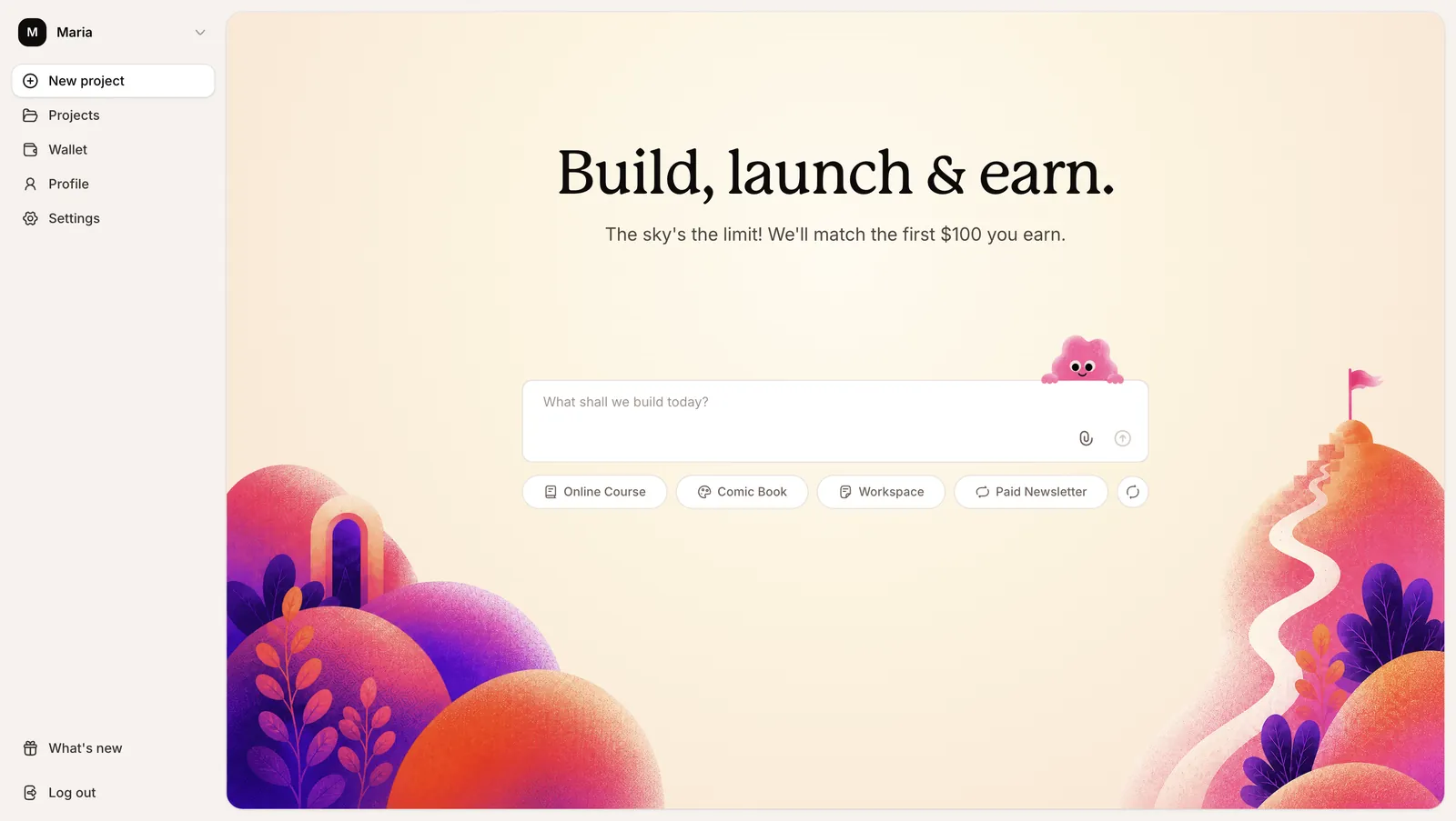 Biscuit's new project screen, with the prompt box and example apps below it