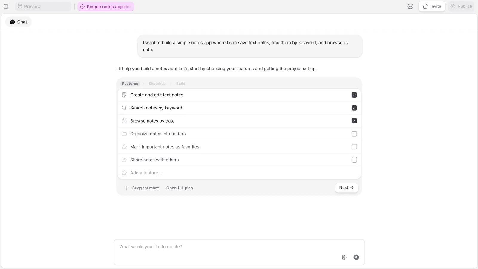 Feature suggestions screen with checkboxes for each feature