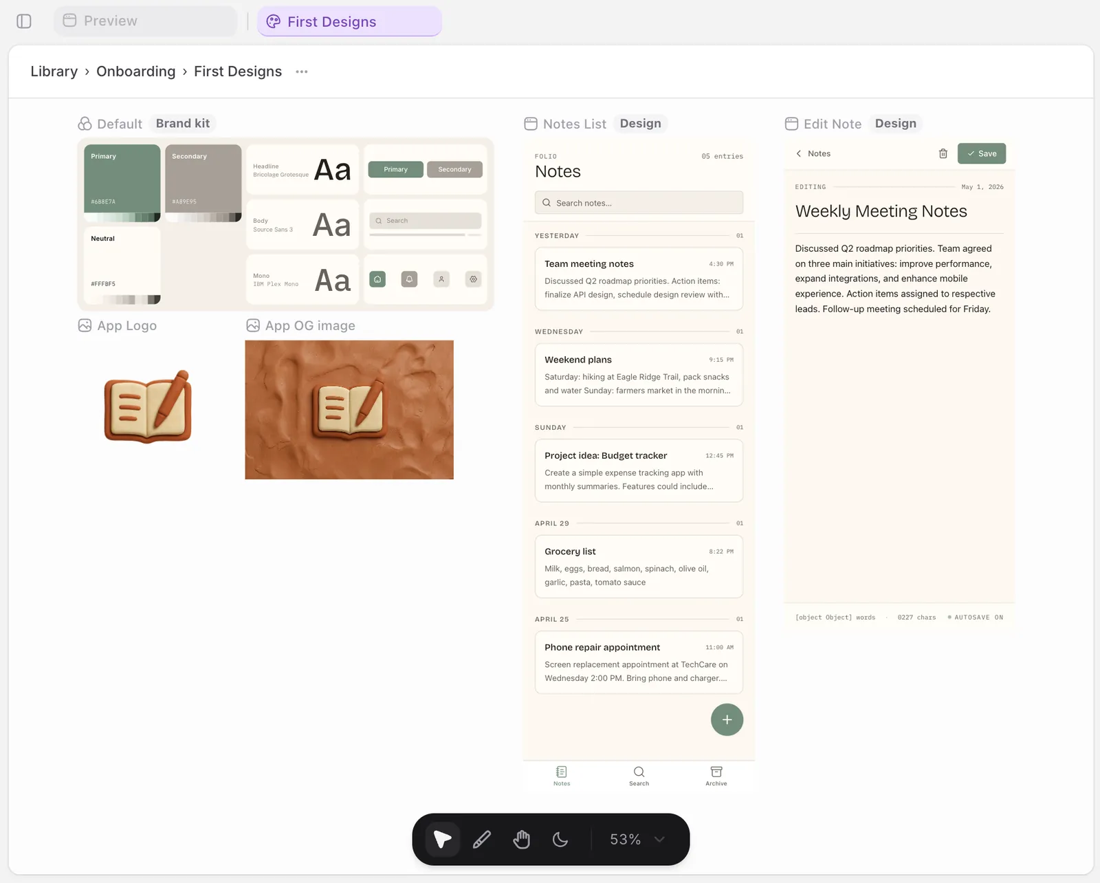 Canvas view with multiple app screens laid out as frames