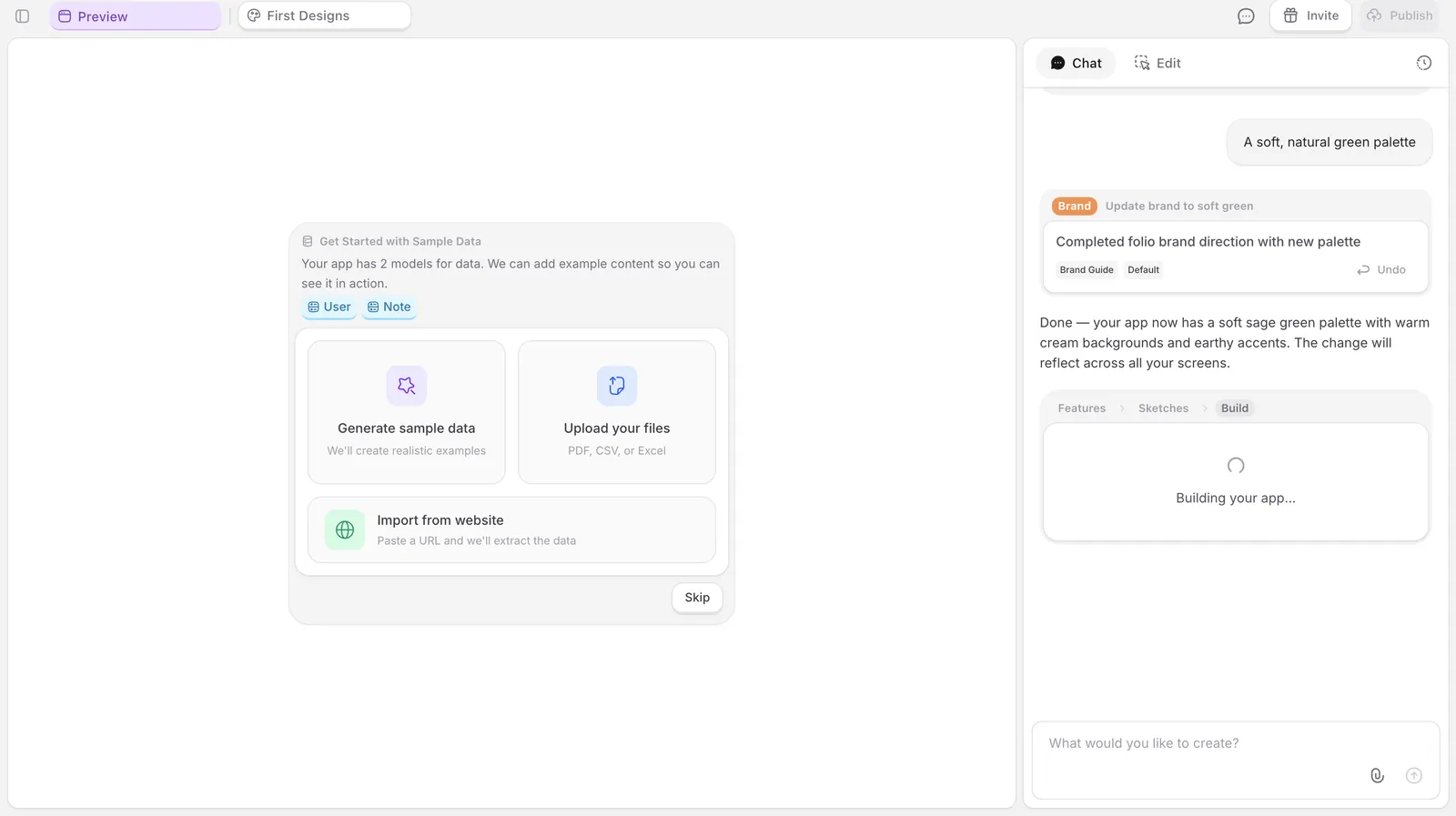 Sample data options: generate, upload, or import