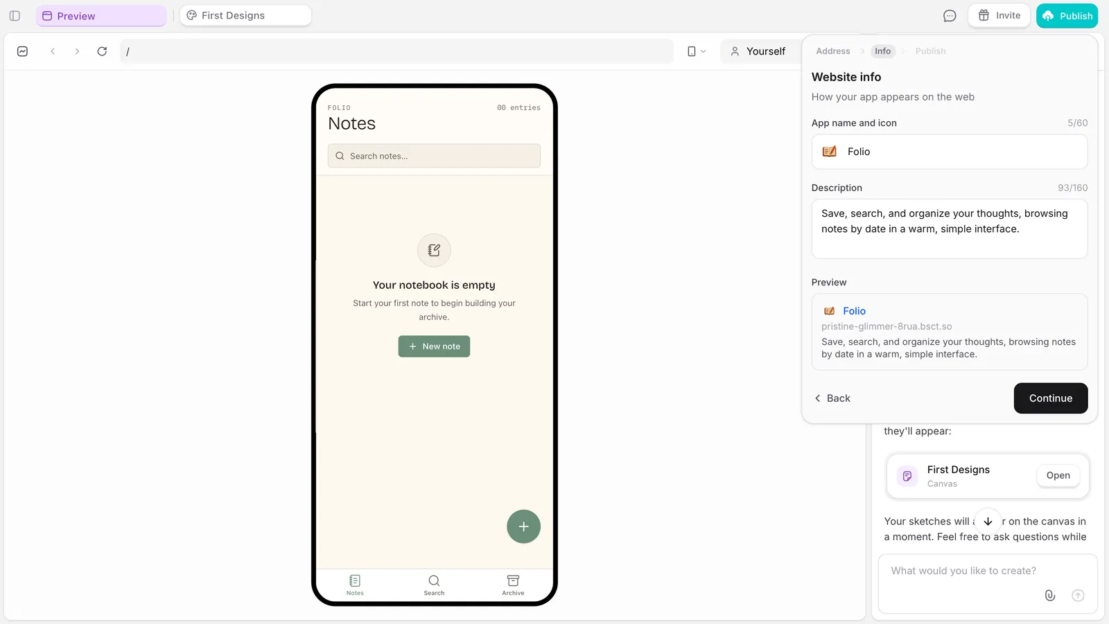 App icon and website info